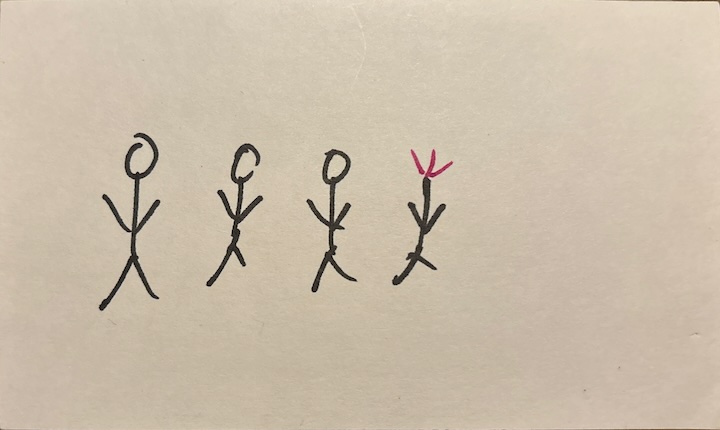 four stick figures, one with an exploding head