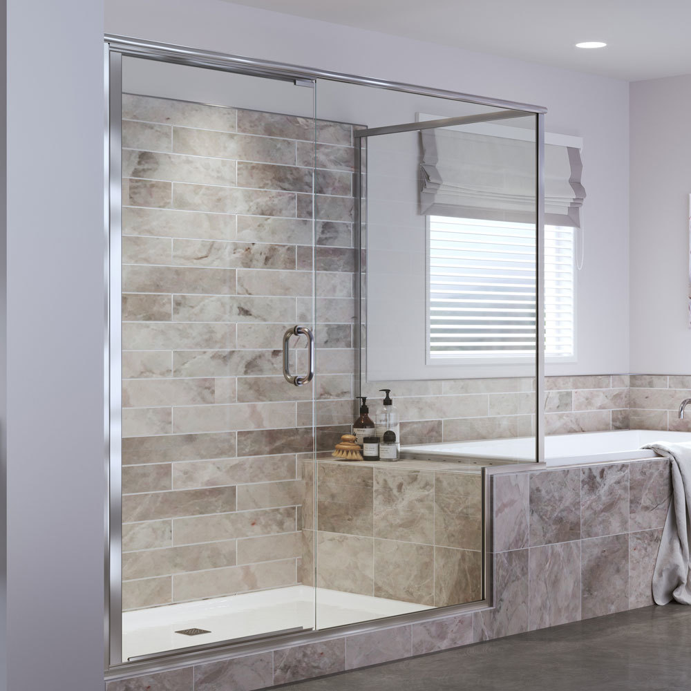 Corner enclosure door with notched inline panel & 90 degree