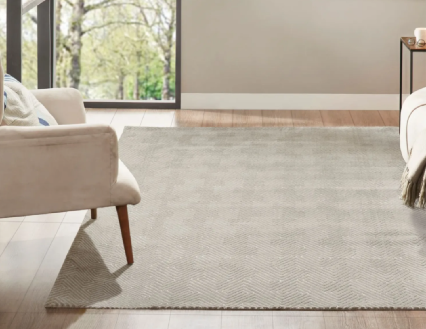 Neutral area rug in Aspen living room – Aspen Rug Company custom Stark rug designed for mountain homes in Colorado’s Roaring Fork Valley Neutral area rug in Aspen living room – Aspen Rug Company custom Stark rug designed for mountain homes in Colorado’s Roaring Fork Valley