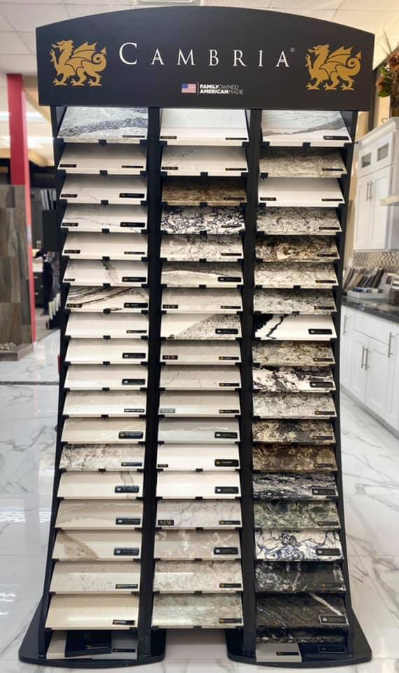 Cambria kitchen countertop samples at Tile Zone in Houston, TX — explore premium granite and quartz options with expert design guidance for your next remodeling project