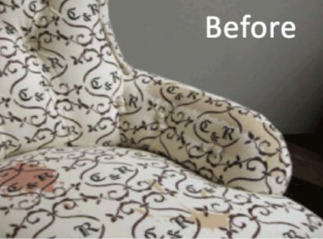 Dirty patterned fabric chair with visible stains and discoloration — ideal example of why professional upholstery cleaning is essential for Florida living Dirty patterned fabric chair with visible stains and discoloration — ideal example of why professional upholstery cleaning is essential for Florida living