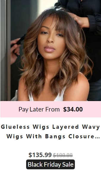 GLUELESS WIGS LAYERED WAVY WIGS WITH BANGS CLOSURE LACE WIG HUMAN HAIR WIGS