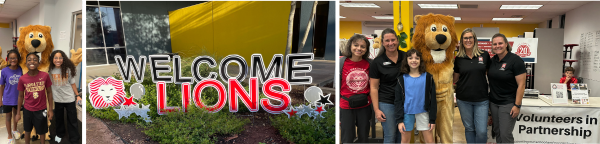 Welcome Lions sign with students and Roary, our mascot