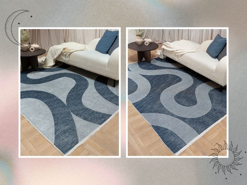 Na grafice zaprezentowano dywan Amalfi Celeste w dwóch aranżacjach, pokazujących jego dwustronny design – po lewej stronie z jaśniejszą bazą, po prawej z ciemniejszą. Dywan leży w eleganckim wnętrzu z jasną sofą, niebieskimi poduszkami i stolikiem z dekoracjami