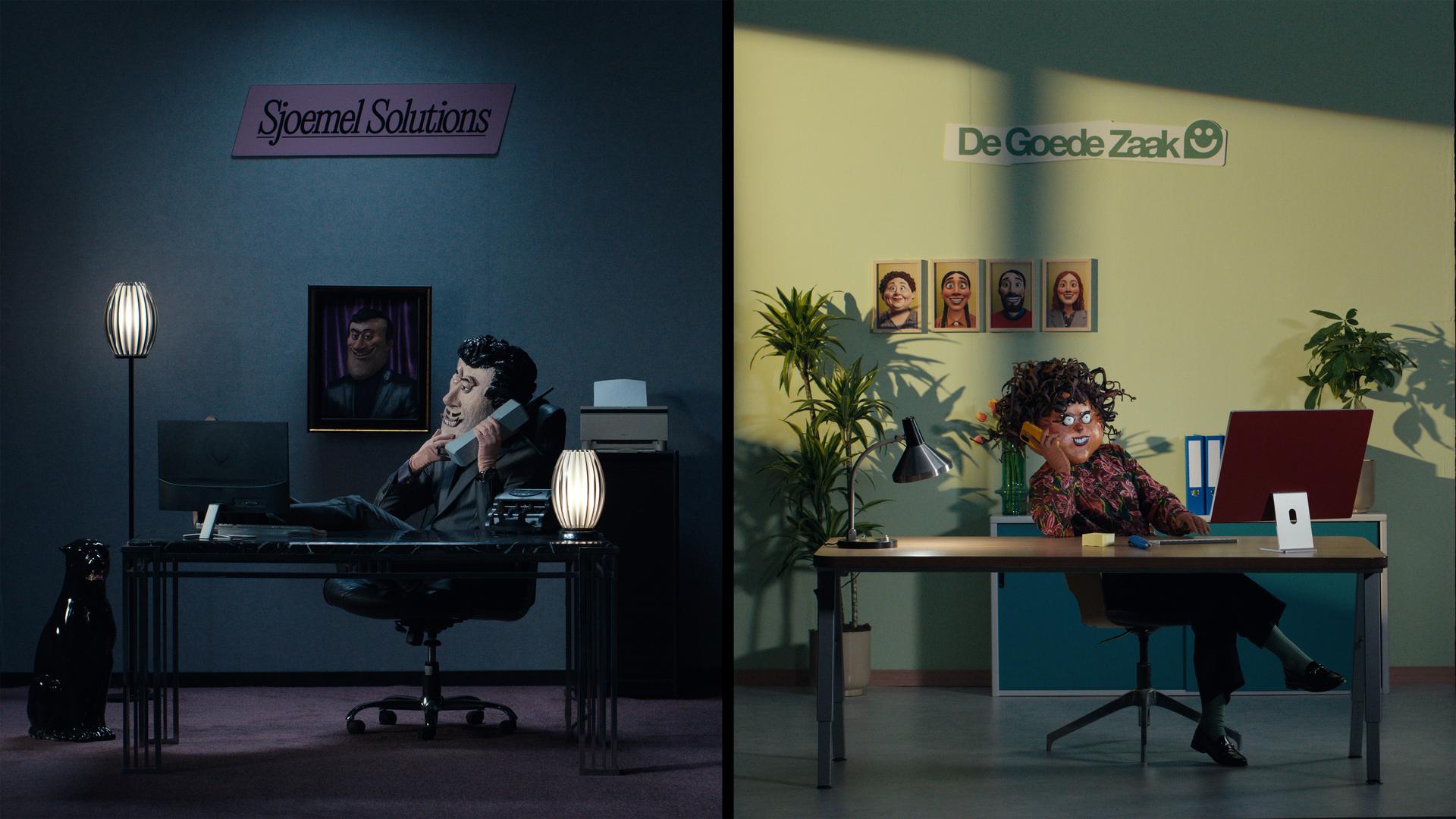 Beeld uit de video BV'tjes: Donkere kantoorruimte naast een verlichte kantoorruimte met een medewerker achter een bureau.