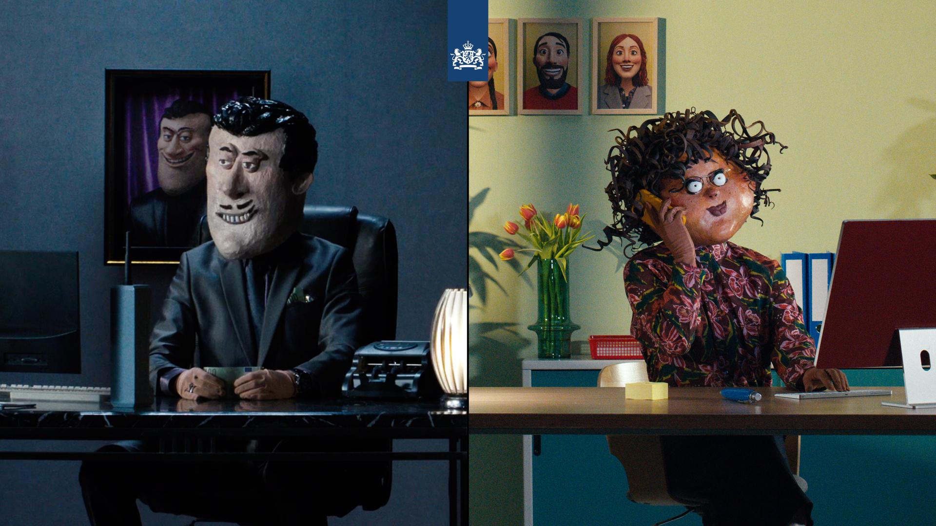 Campagnebeeld Wtta: twee personages aan een bureau, links een man in een donkere kantooromgeving en rechts een vrouw in een lichte kantooromgeving. De vrouw rechts doet het goed. De man links werkt niet volgens de regels. 