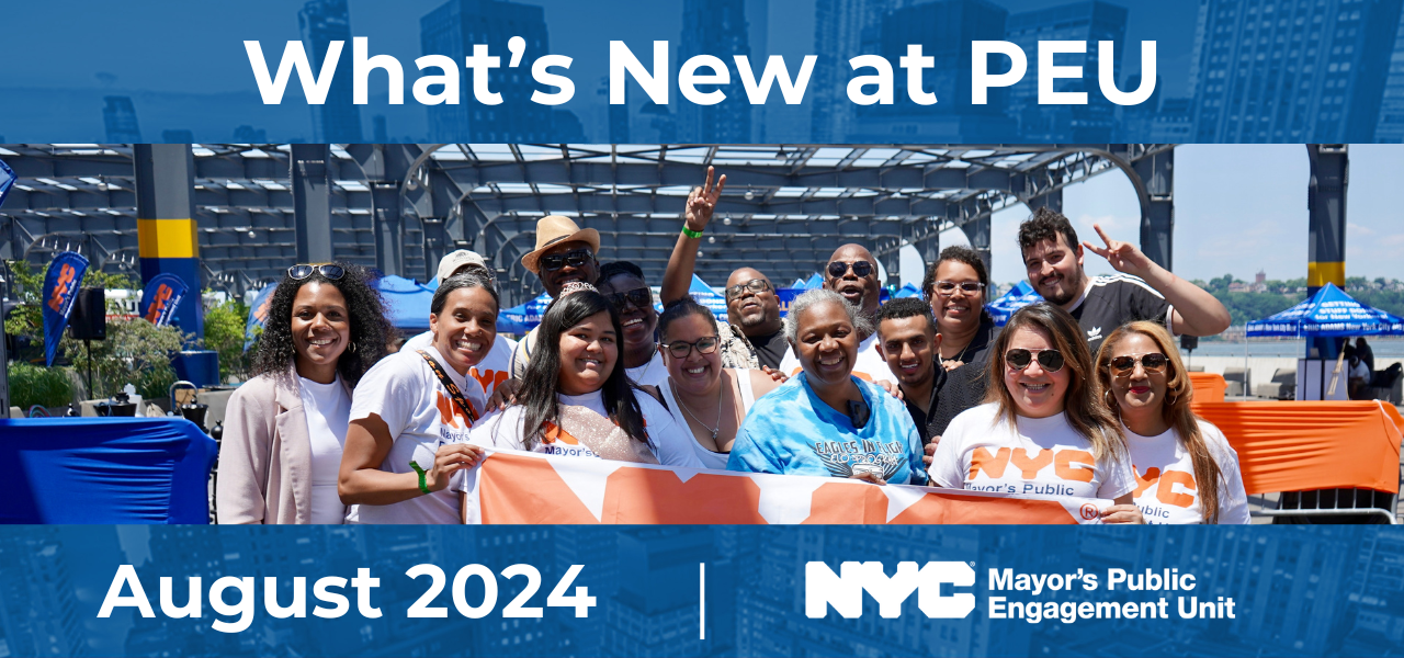 Graphic that reads ''What's New at PEU: August 2024'' with  an image of many P E U staff members standing together outside