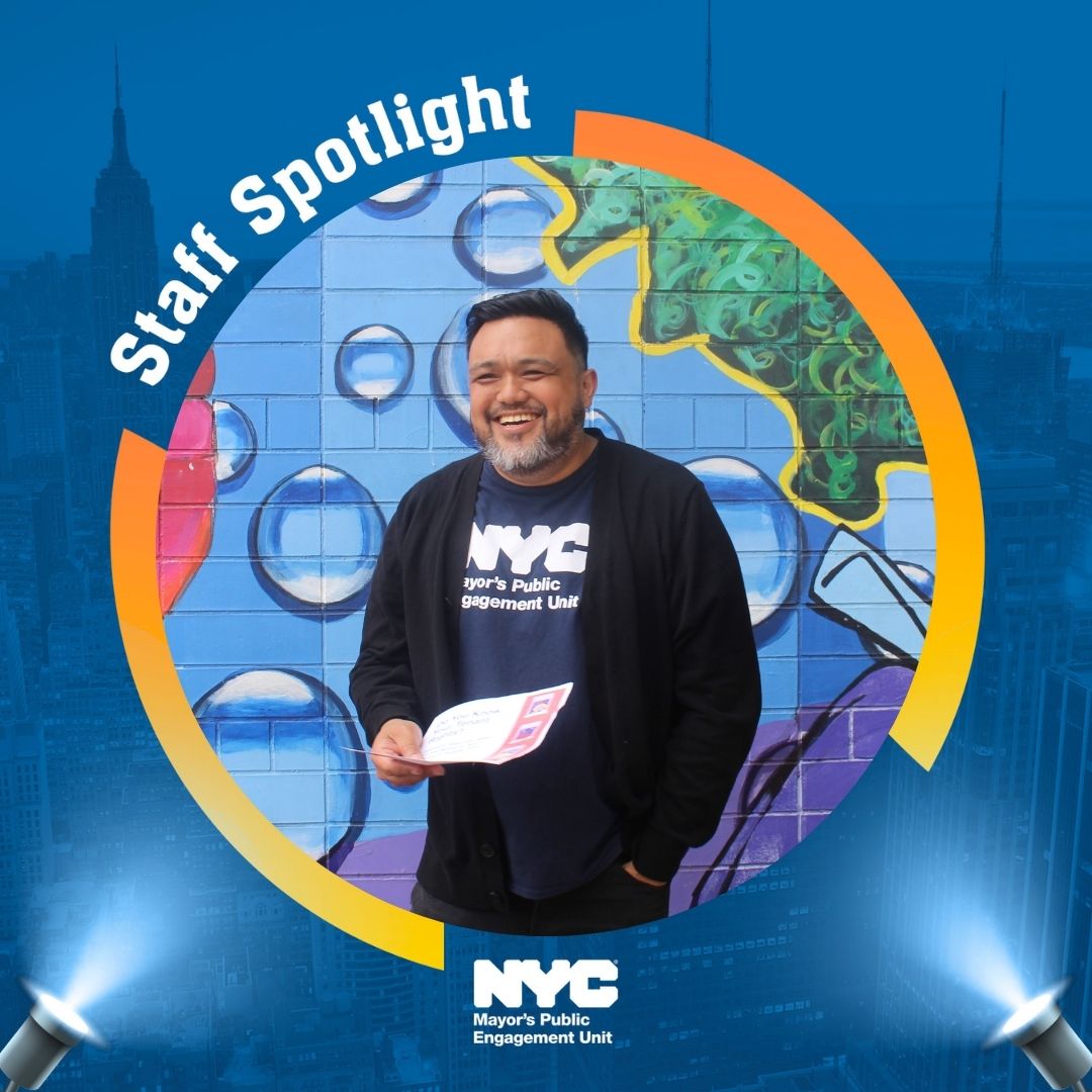 Graphic with text that reads ''Staff Spotlight'' with an image of a P E U staffer smiling in the center