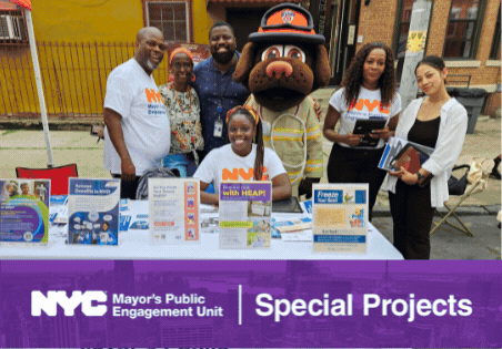 Rotating gif of images of P E U staffers with text listing GetCoveredNYC, Special Projects, Tenant Support Unit, and Home Support Unit text