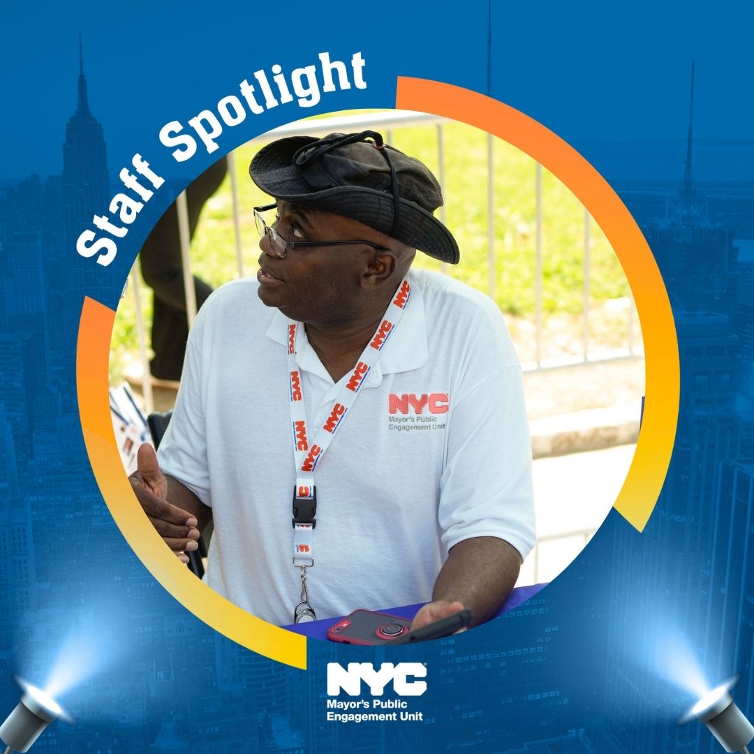 Graphic with text that reads ''Staff Spotlight'' with an image of a P E U staffer smiling in the center