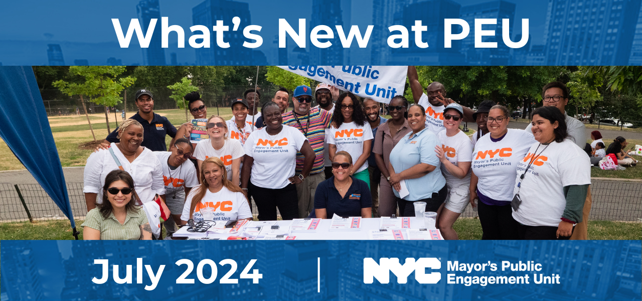 Graphic that reads ''What's New at PEU: July 2024'' with  an image of many P E U staff members standing together in a park