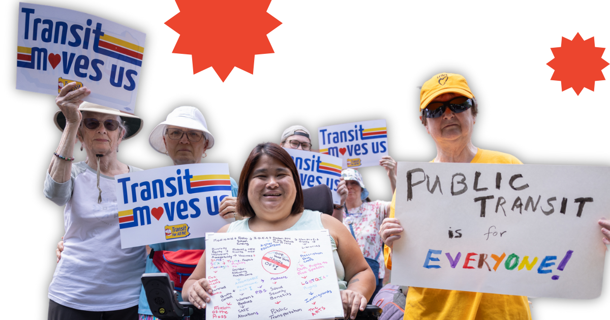 collage of transit riders and transit workers holding signs that say ''I'm a worker. Transit Moves Me!''. Text in the middle of the photo says ''Transit service is threatened across PA - let's build a plan to win! Transit Moves  Us Tues March 18 5:30-7pm''