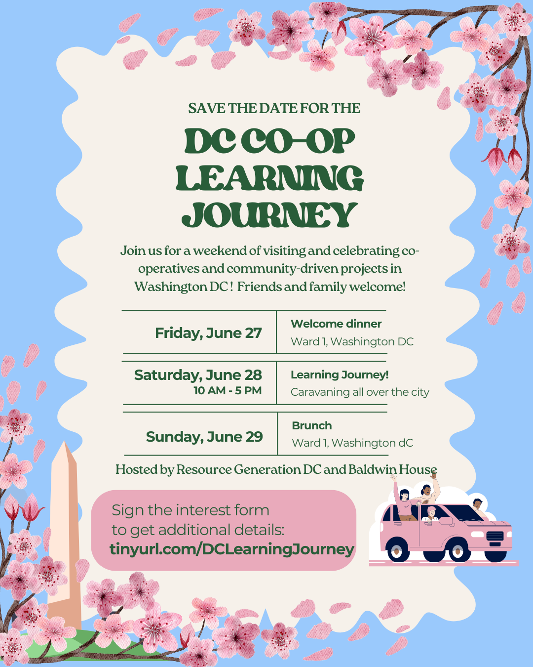 This is an overview of the info provided in the text about the learning journey, and additional information indicating that friday will be a welcome dinner, saturday is the learning journey, and sunday will be a brunch