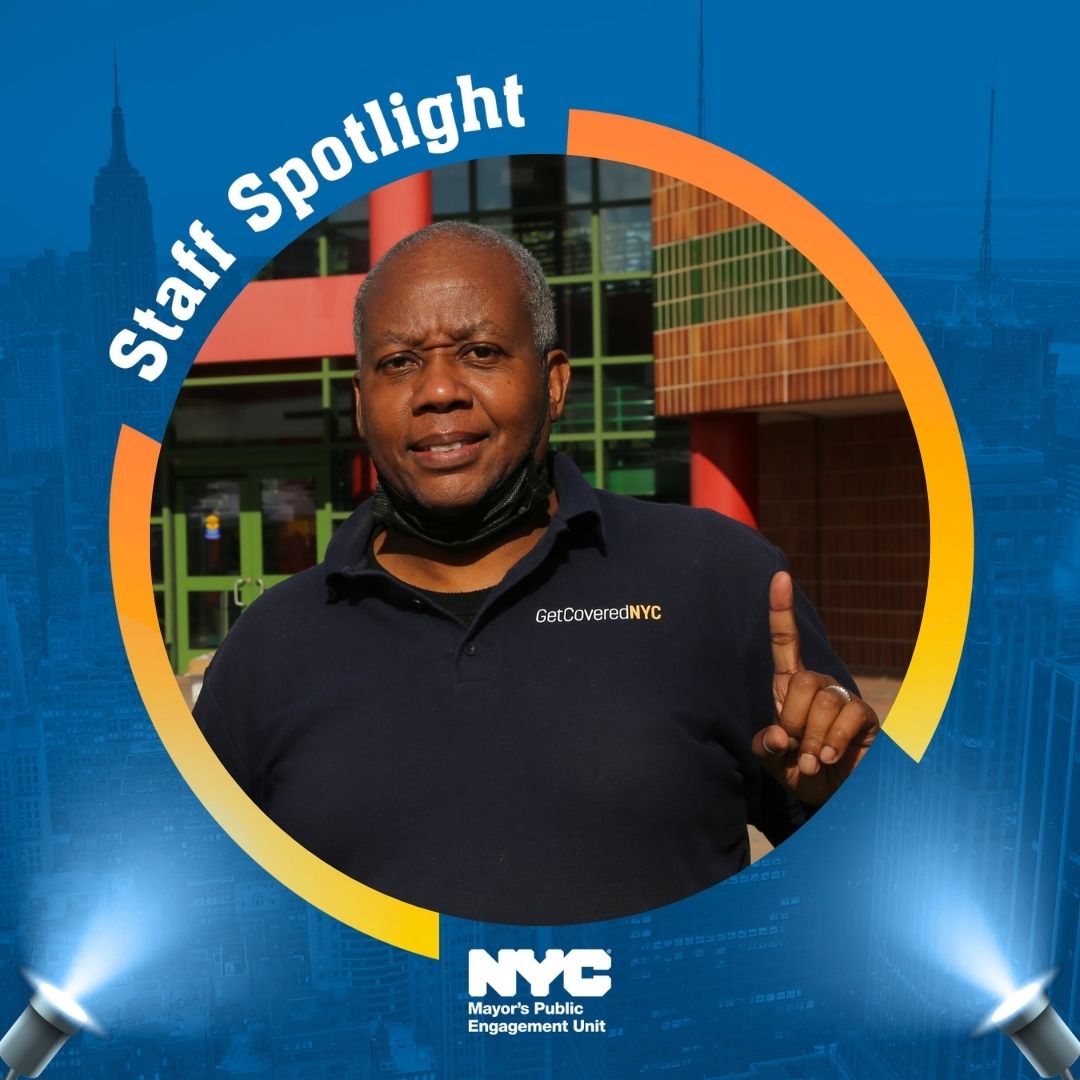 Graphic with text that reads ''Staff Spotlight'' with an image of a P E U staffer smiling in the center