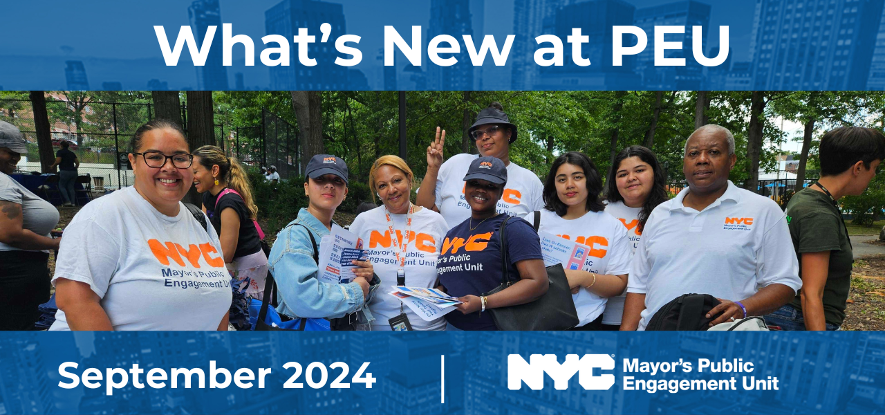 Graphic that reads ''What's New at PEU: September 2024'' with  an image of many P E U staff members standing together outside