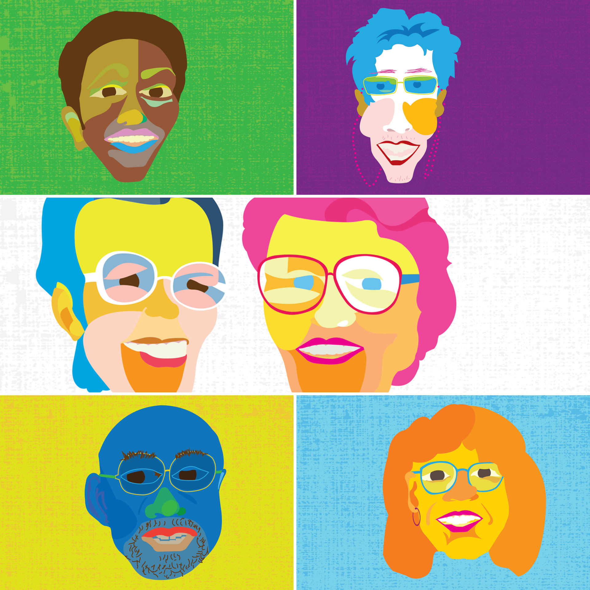  llustrations of some of UC Berkeley’s LGBTQ luminaries, including, from left, June Jordan, Phyllis Lyon, Del Martin, Marlon Riggs, Cathy Cade, and Julia Serano. 