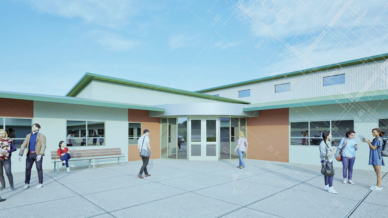 An architectural rendering of a new, white education center with animated human standing outside it.