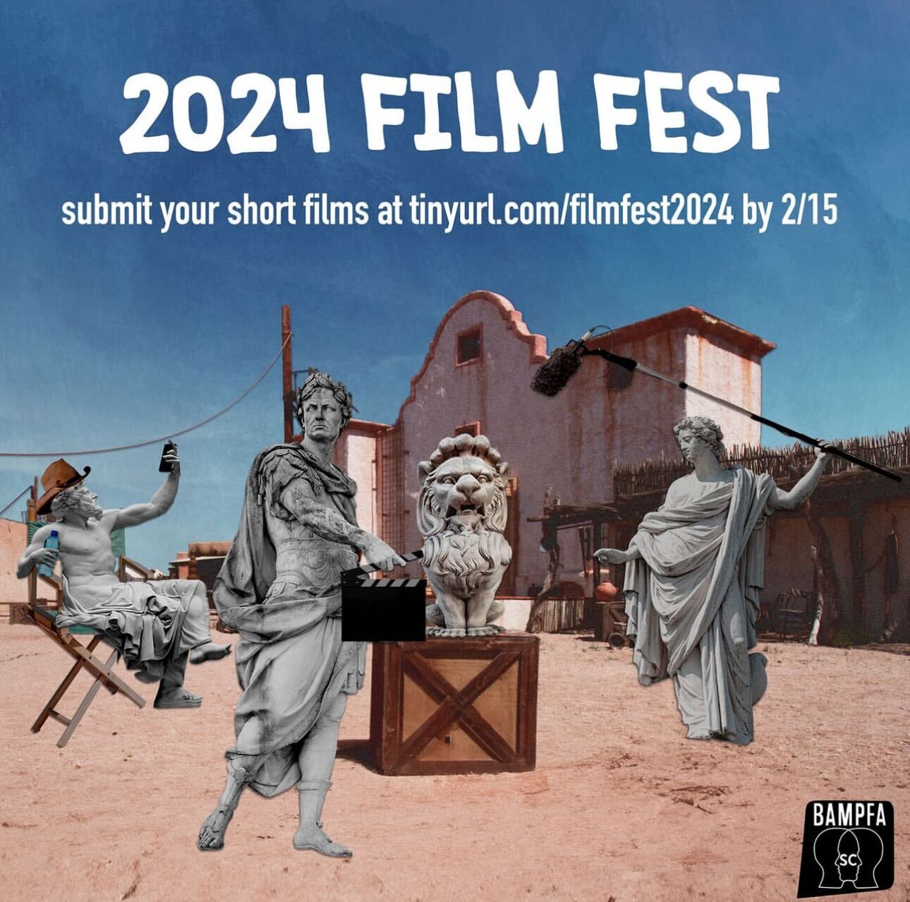 Flyer for the BAMPFA 2024 FILM FEST with statutes on a movie set..