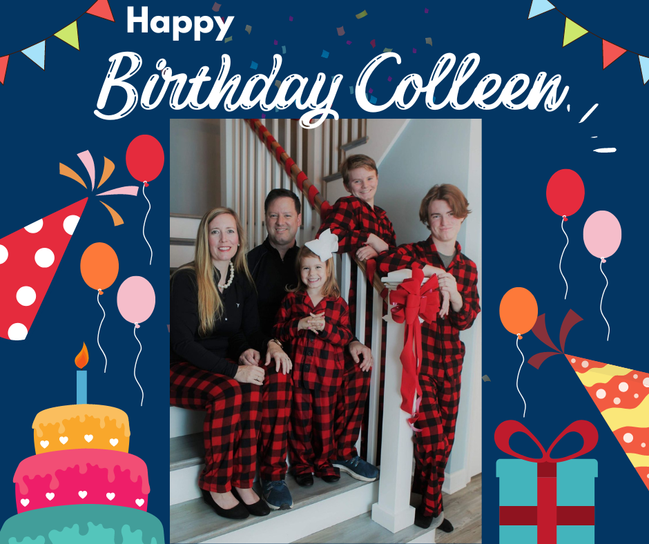 Birthday card showing Colleen and her family, text reads ''Happy birthday Colleen''