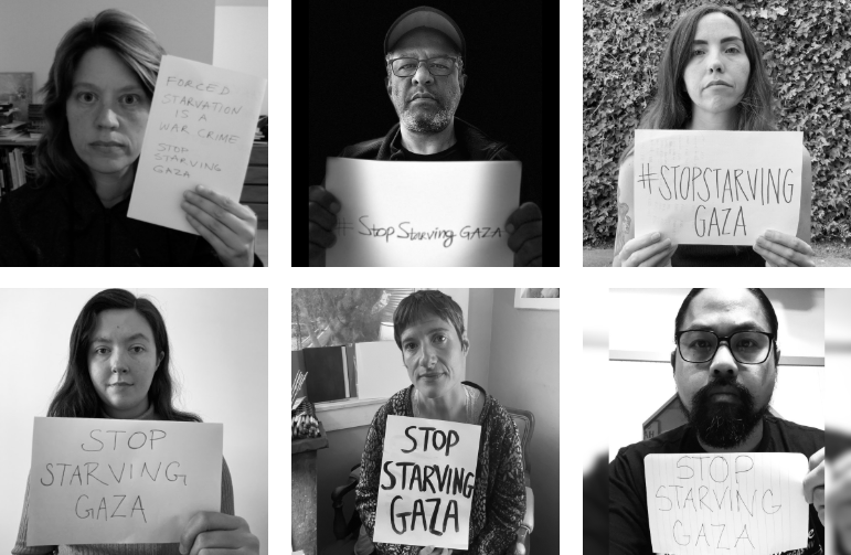 Photo collage of 6 people holding signs that say 