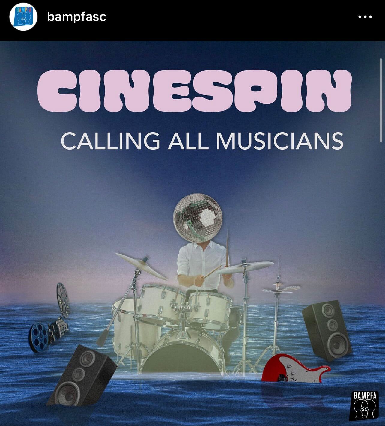 Flyer for CINESPIN, A person wearing a white shirt with a silver disco ball as a head is playing the drums in a water surrounded by speakers, a red guitar, and film equipment. 