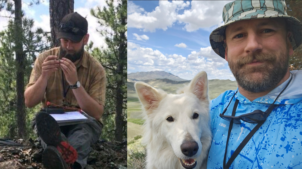 Photo of Brandon studying a rock doing field work, another of him smiling with his white dog in the mountains
