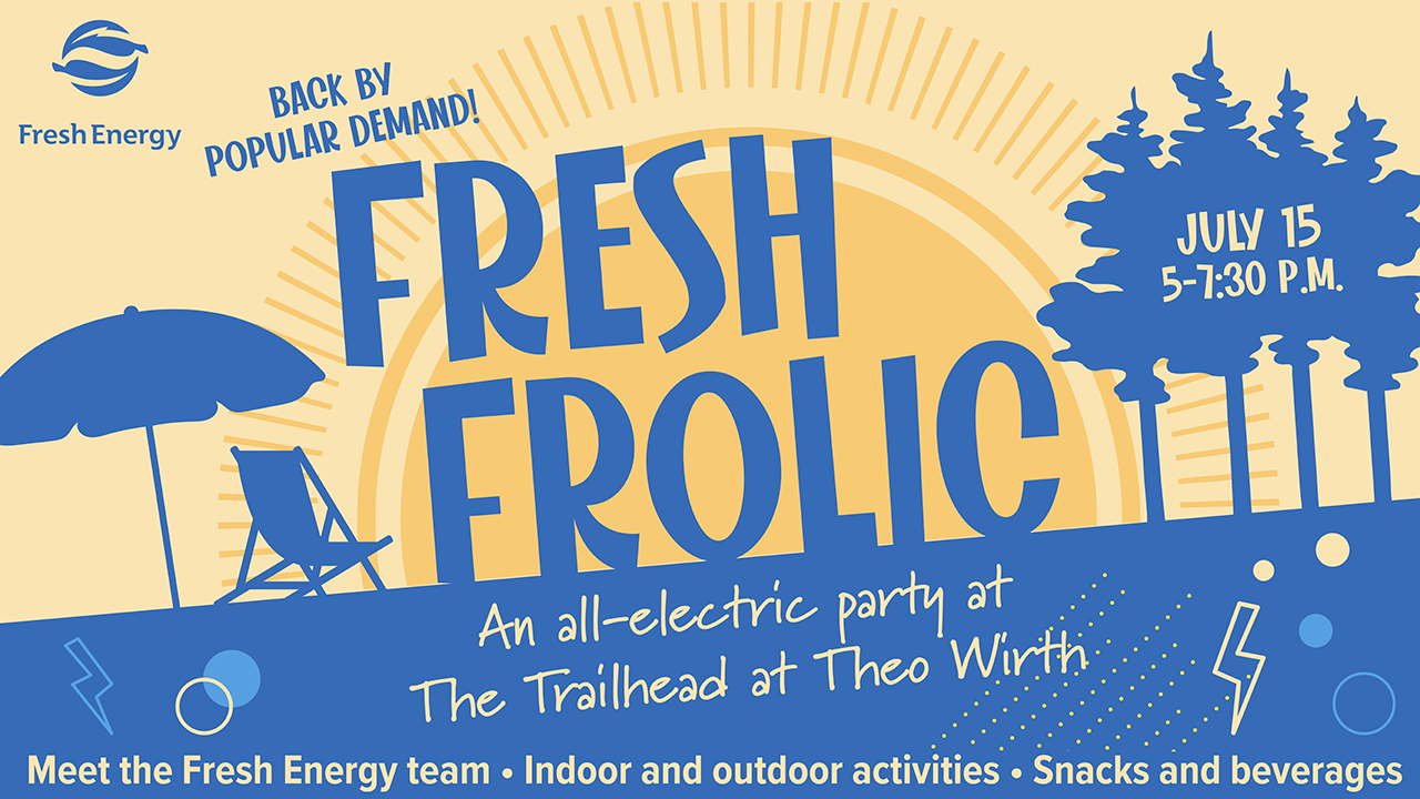 A blue graphic scene with an umbrella, lawn chair, and trees with blue text saying Fresh Frolic