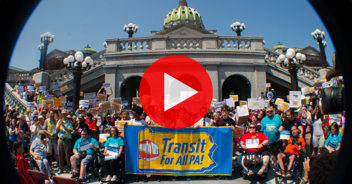 collage of transit riders and transit workers holding signs that say ''I'm a worker. Transit Moves Me!''. Text in the middle of the photo says ''Transit service is threatened across PA - let's build a plan to win! Transit Moves  Us Tues March 18 5:30-7pm''
