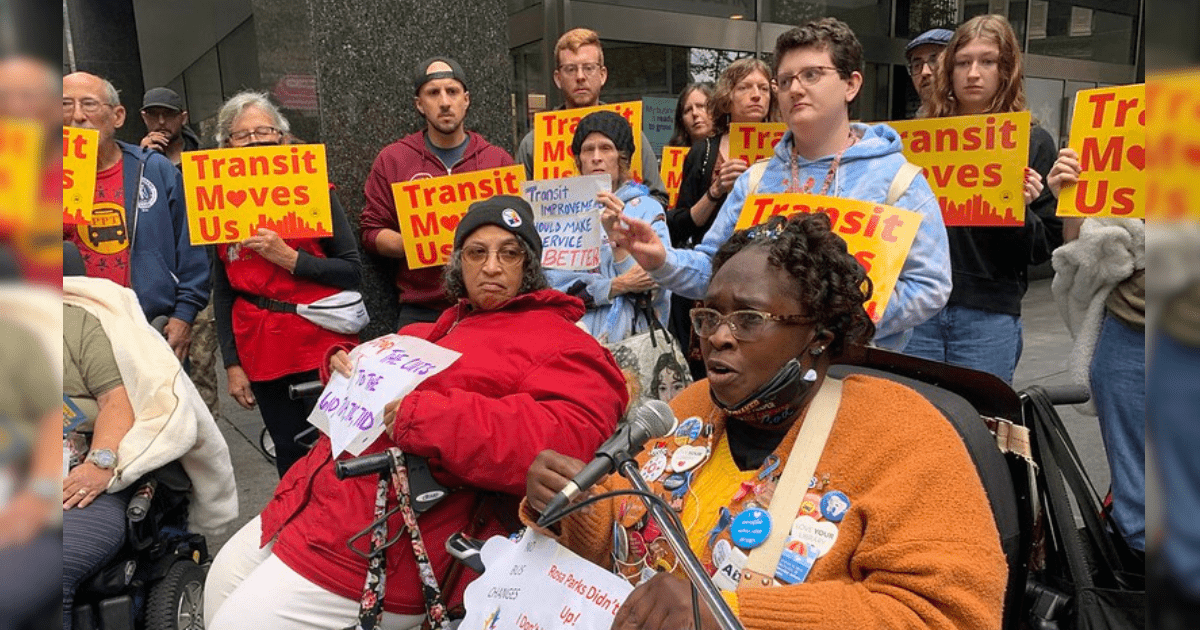 collage of transit riders and transit workers holding signs that say ''I'm a worker. Transit Moves Me!''. Text in the middle of the photo says ''Transit service is threatened across PA - let's build a plan to win! Transit Moves  Us Tues March 18 5:30-7pm''