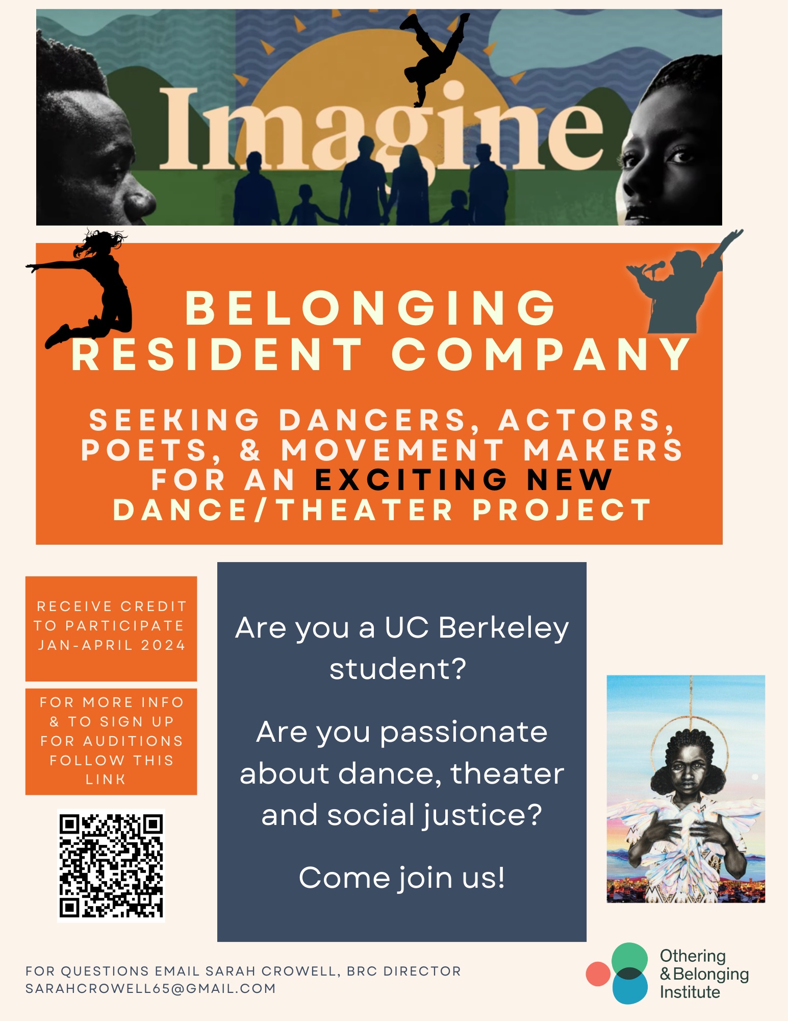 Flyer for Belonging Resident Company with info, QR code, several graphics of people dancing.