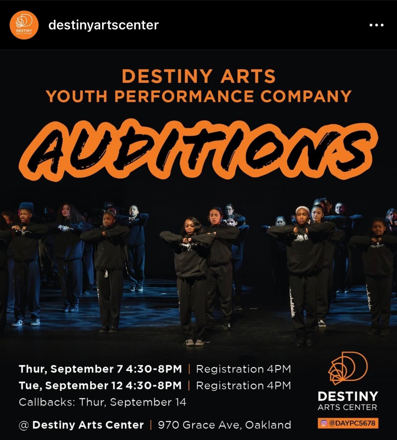 A multicultural group of teenagers dressed in black performing on stage with the Destiny Arts Youth Performance Company Auditions info below and above. 