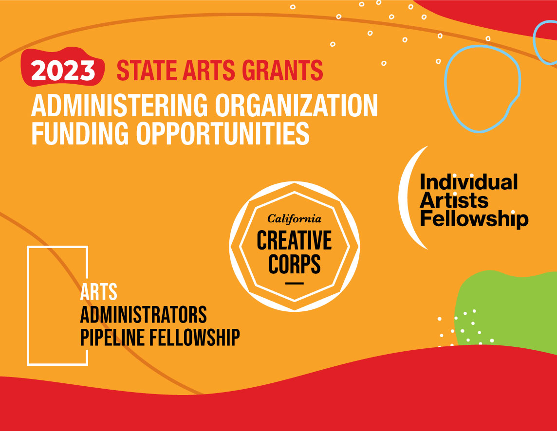  Flyer for 2023 State Arts Grants, Administering Organization Funding Opportunities on an orange background with green, red, and white designs.   