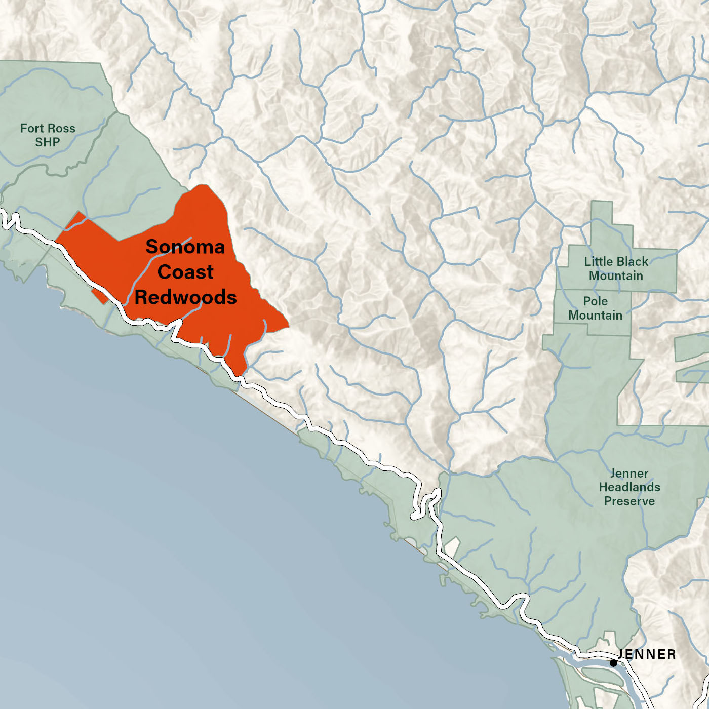 a map shows the Sonoma Coast Redwoods property in red