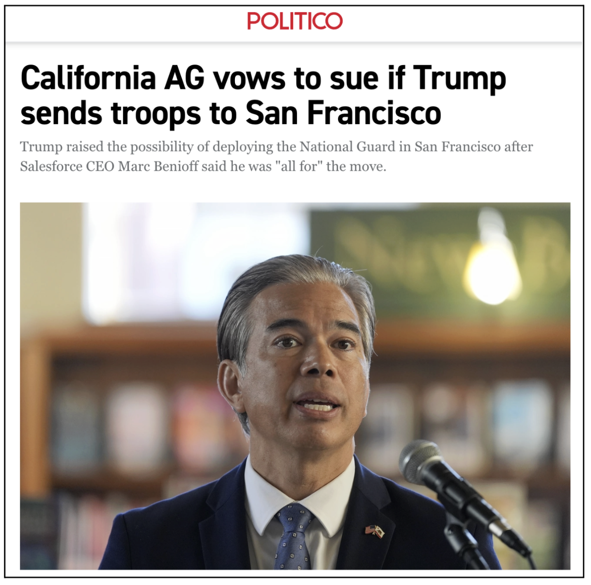 POLITICO: California AG vows to sue if Trump sends troops to San Francisco