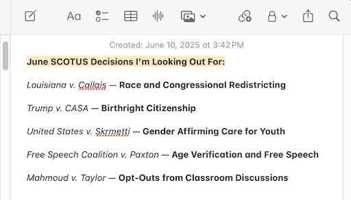 iPad notes screenshot of cases with expected SCOTUS decisions