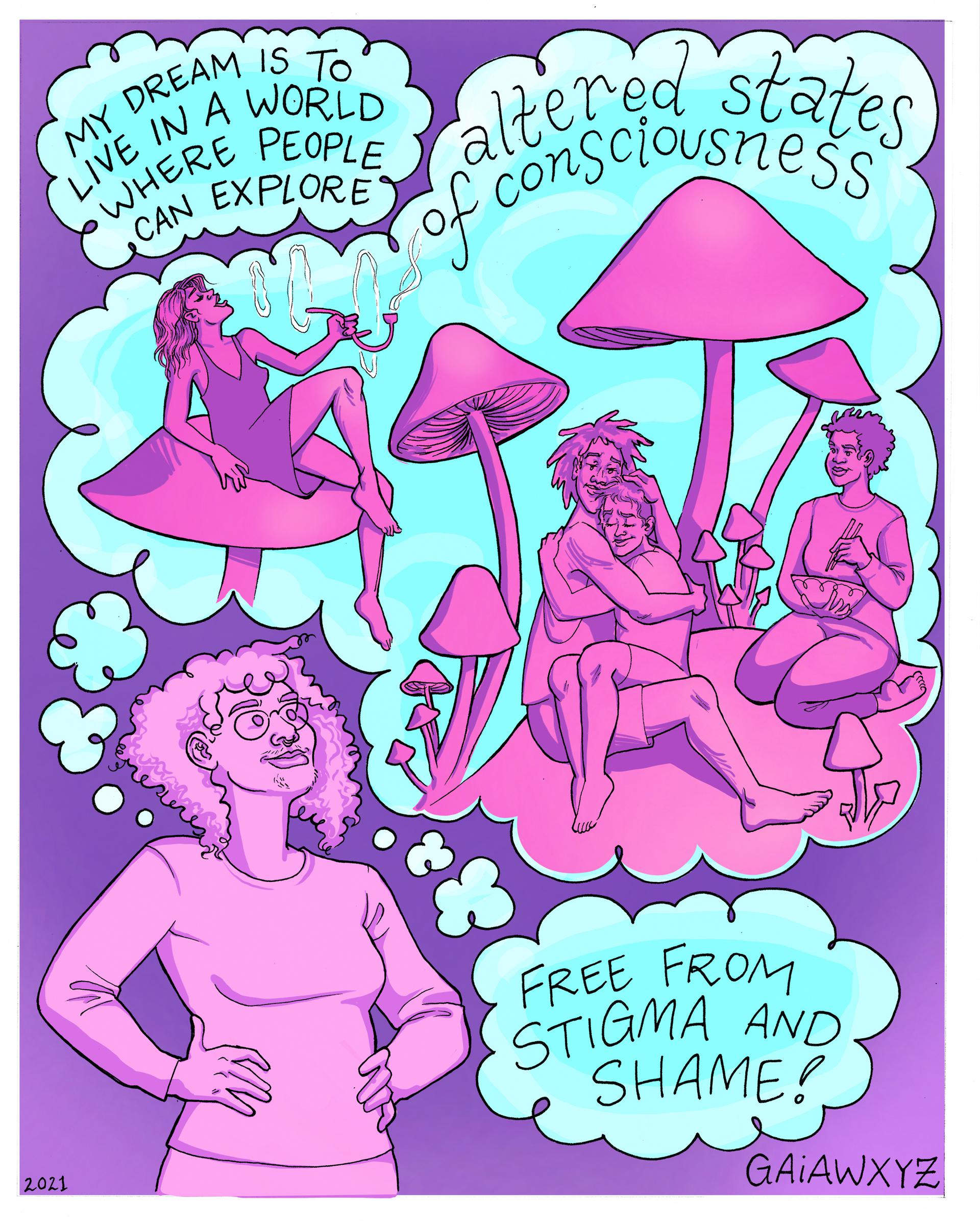 Purple, pink, and teal color themed illustrated comic. Curly haired, glasses wearing, person with their hands on their hips in the lower left corner with thought bubbles coming out of them with people connecting, lounging, smoking, sitting under and on mushrooms. Text in the thought bubbles read: My dream is to live in a world where people can explore altered states of consciousness free from stigma and shame! ⁣