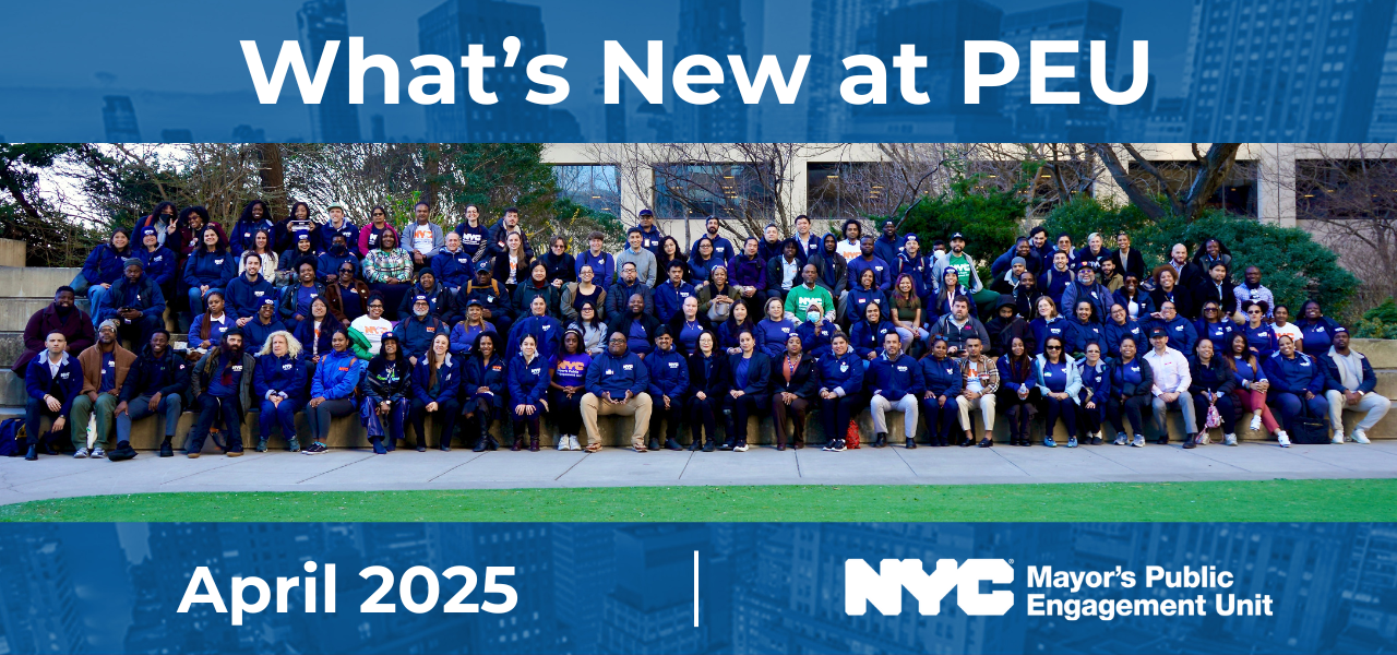 Graphic that says ''What's New at PEU: April 2025'' with a group photo of P E U staff