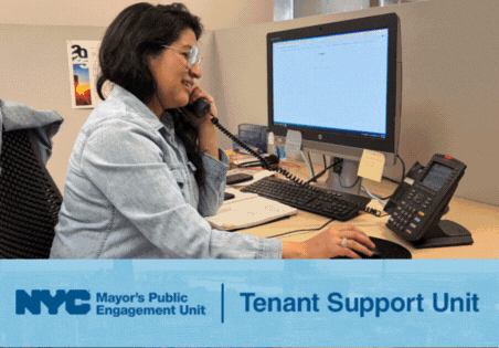 Rotating gif of images of P E U staffers with text listing GetCoveredNYC, Special Projects, Tenant Support Unit, and Home Support Unit text