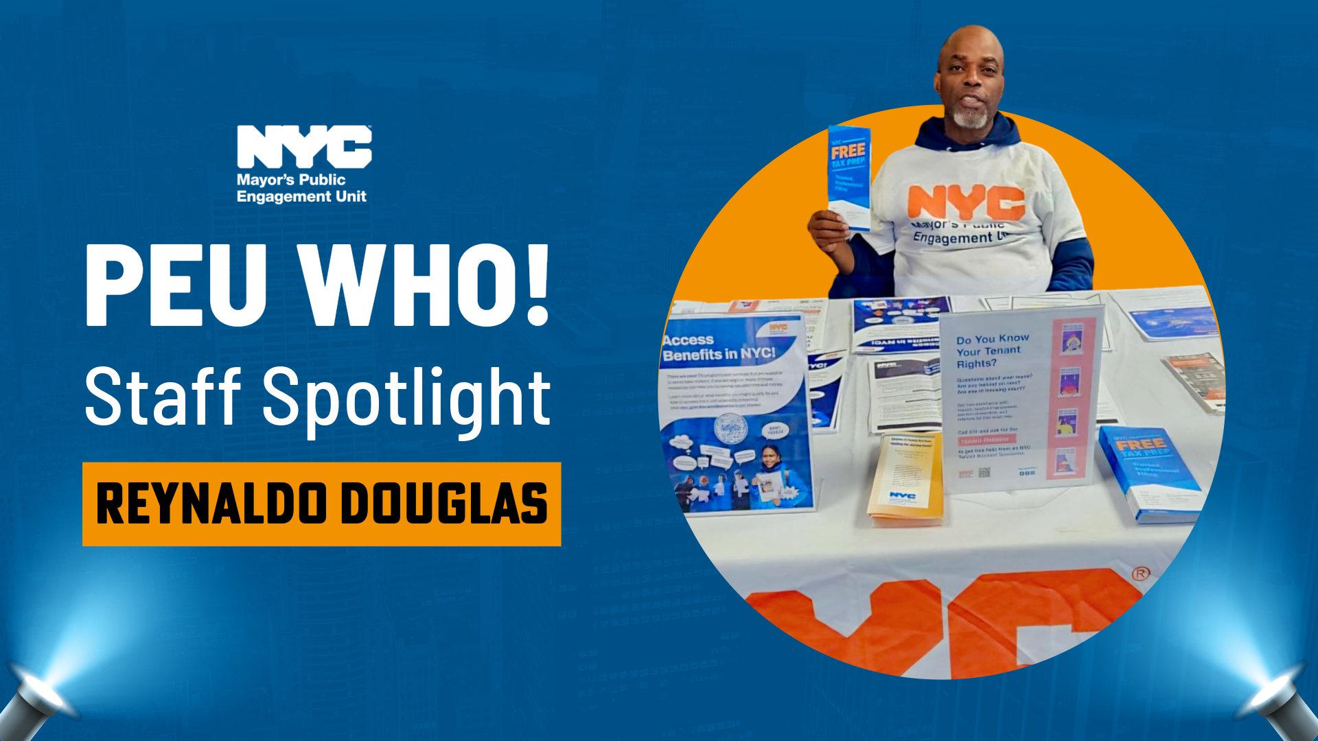 Graphic that reads: ''P E U who! Staff Spotlight Reynaldo Douglas.'' 