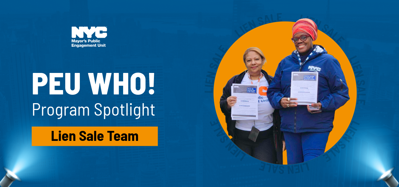 Graphic with a photo of 2 P E U staff members and text that reads: '' PEU Who! Program Spotlight Lien Sale Team''.