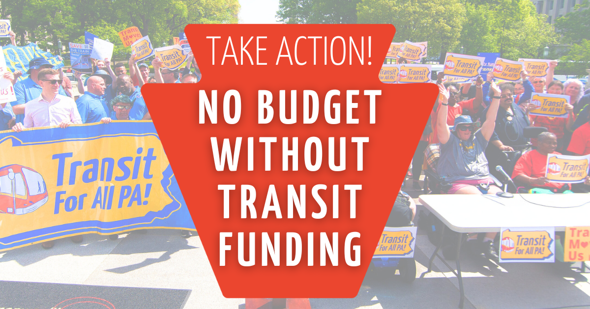 collage of transit riders and transit workers holding signs that say ''I'm a worker. Transit Moves Me!''. Text in the middle of the photo says ''Transit service is threatened across PA - let's build a plan to win! Transit Moves  Us Tues March 18 5:30-7pm''