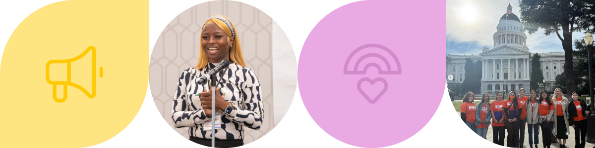 Colorful shapes interspersed with images of URGE advocates