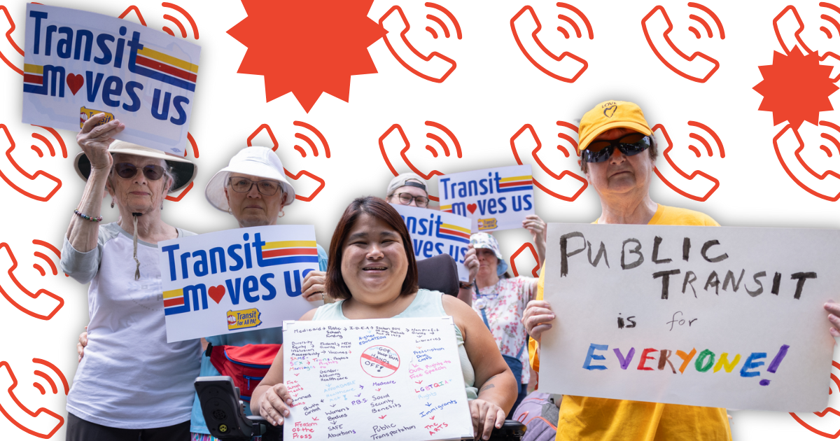 collage of transit riders and transit workers holding signs that say ''I'm a worker. Transit Moves Me!''. Text in the middle of the photo says ''Transit service is threatened across PA - let's build a plan to win! Transit Moves  Us Tues March 18 5:30-7pm''