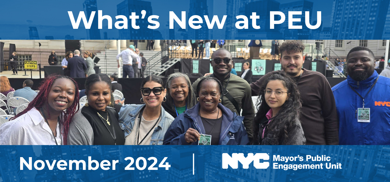 Graphic that reads ''What's New at PEU: November 2024'' with  an image of many P E U staff members and volunteers standing together outside and holding up flyers