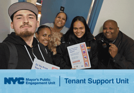 Rotating gif of images of P E U staffers with text listing GetCoveredNYC, Special Projects, Tenant Support Unit, and Home Support Unit text