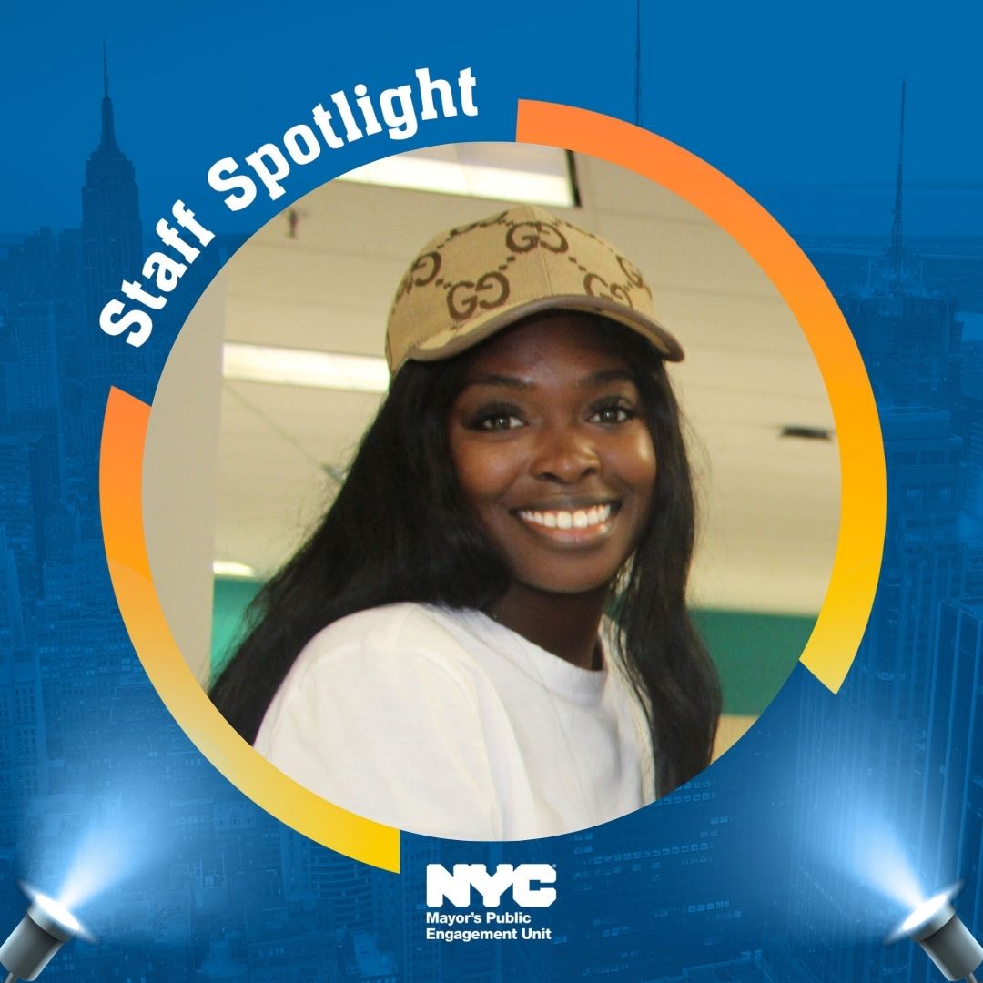 Graphic with text that reads ''Staff Spotlight'' with an image of a P E U staffer smiling in the center
