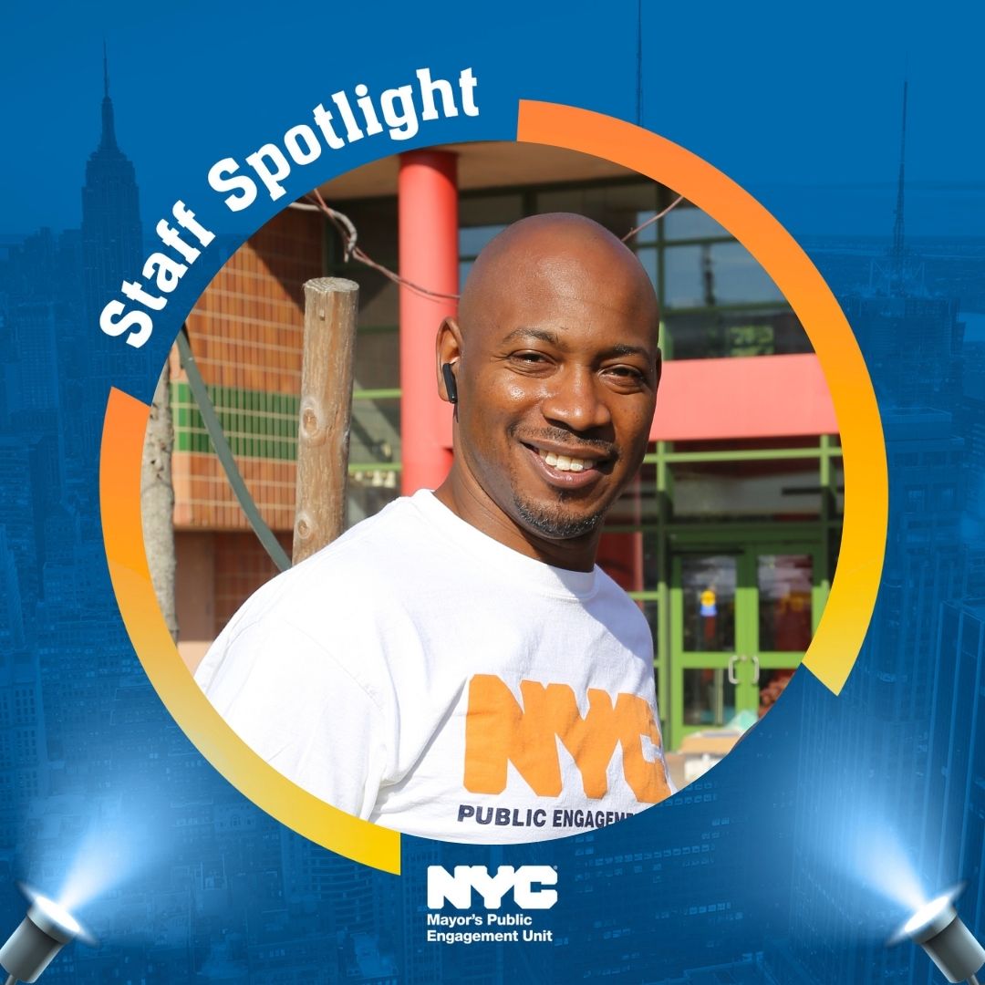 Graphic with text that reads ''Staff Spotlight'' with an image of a PEU staffer in the center
