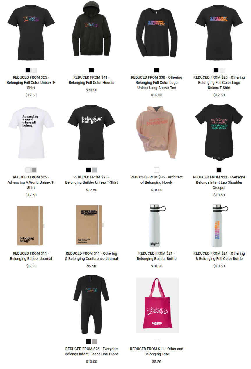 A variety of clothing and other items from our merch store