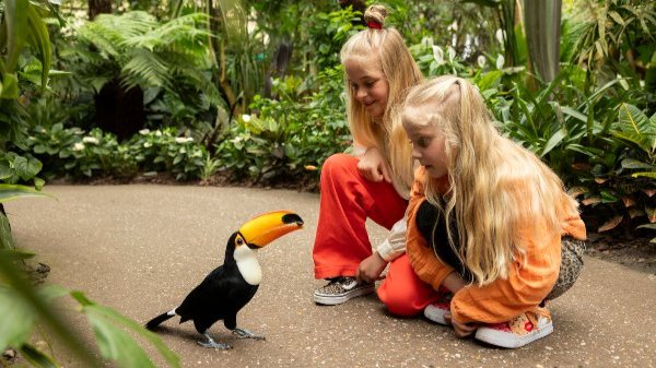 Twee meisjes hebben een onderonsje met een toekan in Pantropica