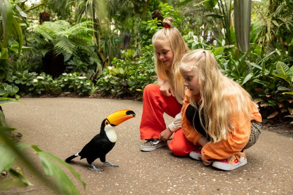 Twee meisjes zitten gehurkt bij een toekan